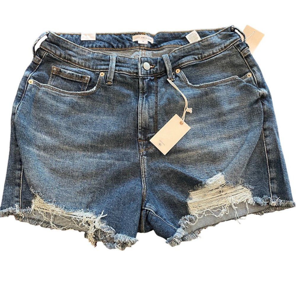 NWT Good American Sz 16 Distressed Stretch Denim Jean Shorts Indigo048 GCUFH802T